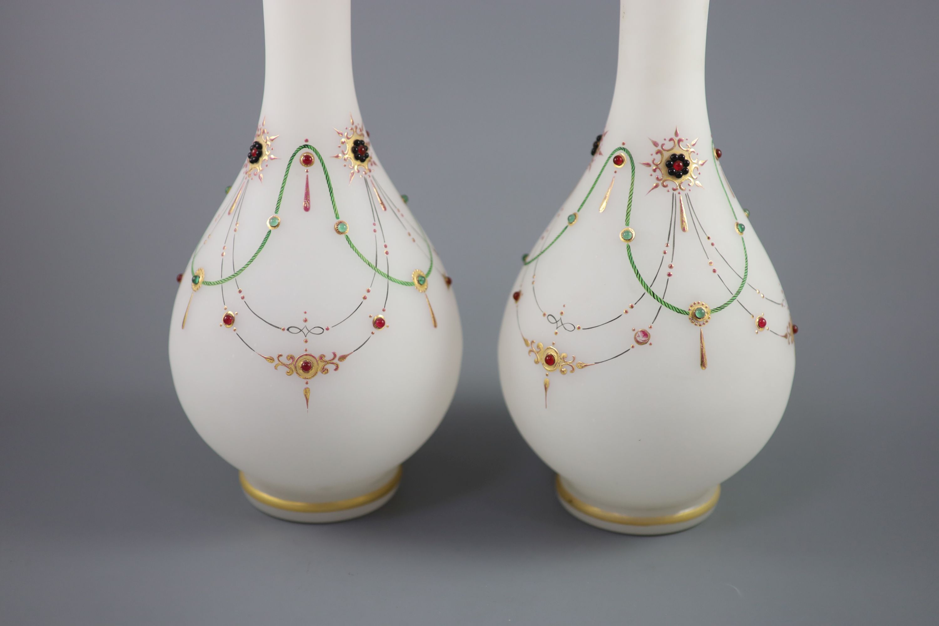 A pair of French or Bohemian frosted opaline jewelled glass vases, height 34cm